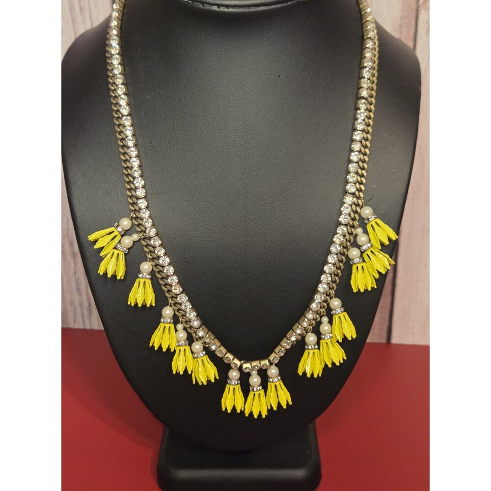 Banana Republic Yellow Fringe Statement Necklace | Rhinestones & Pearls |...